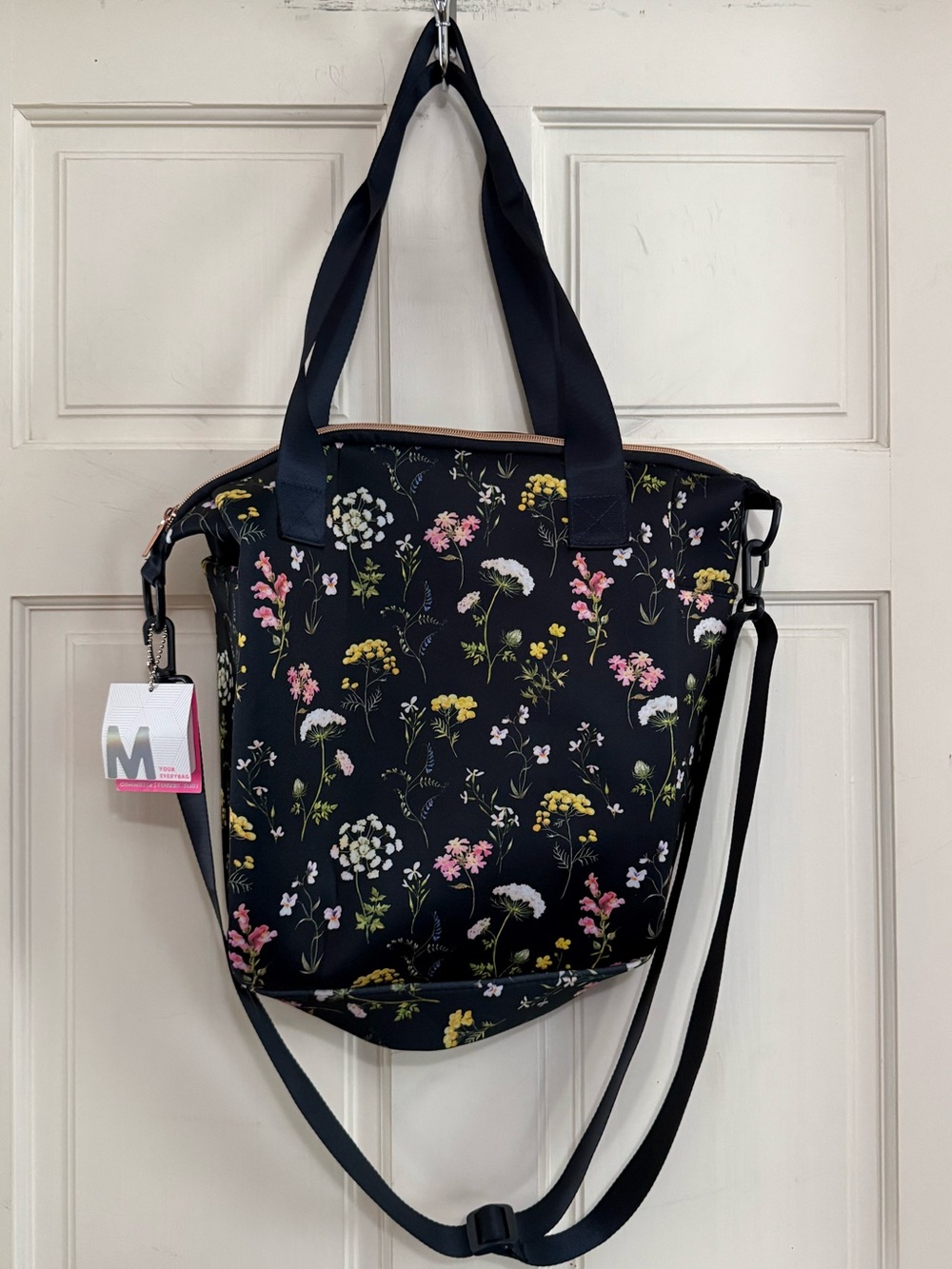 Floral Print Navy Neoprene Tote Bag with Detachable Strap